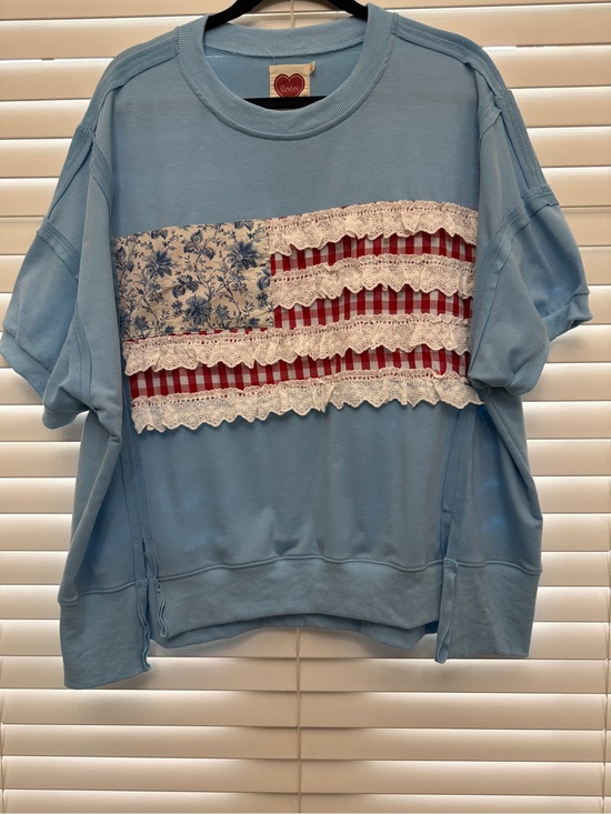 LovLov Tops - Adorable Light Blue Patchwork Lace-Trim Short Sleeve Tee